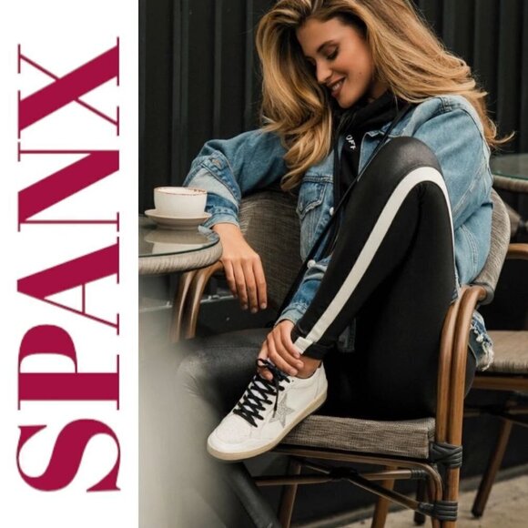 NWT SPANX Striped Faux Leather Leggings, Size Medium - Picture 1 of 12